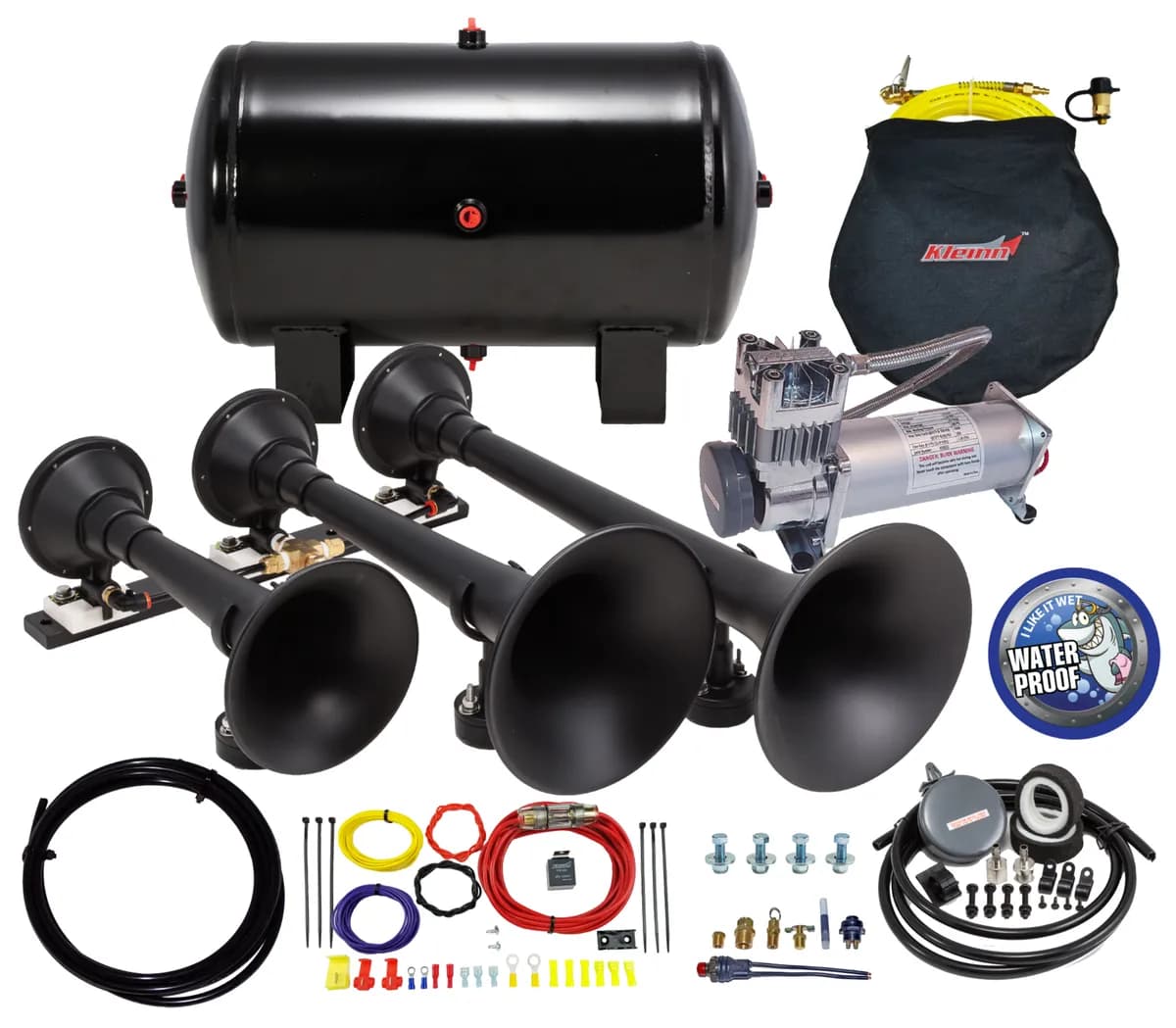 Pro Blaster™ Triple Horn Kit; Black; Includes Horns PN[730]/ 150/200 PSI Waterproof 100% Duty Cycle Air Compressor PN[6450RC]/ 5.0 Gallon Air Tank PN[6450RT];