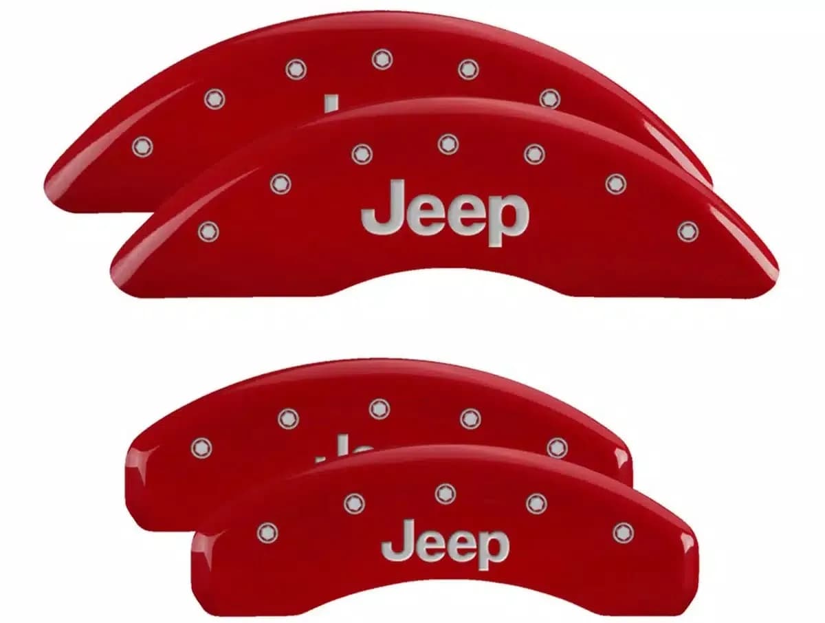 Set Of 4 Caliper Covers Engraved Front And Rear Jeep Red Finish Silver Characters 2021-2024 Jeep Grand Cherokee 18 inches