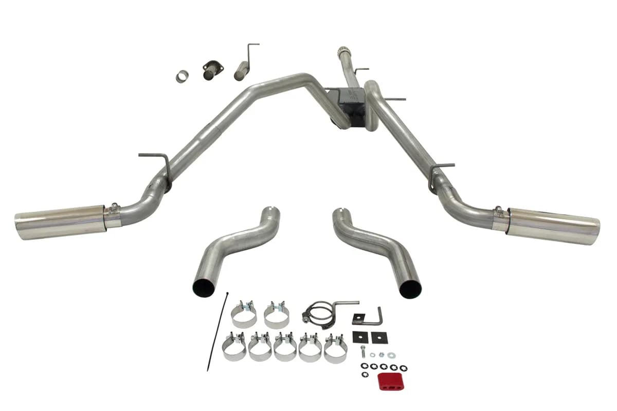 07-13 GM Silverado/Sierra, 1/2 Ton, 5.3L W/Flex Fuel, 4.8L (07-08 Only), Extra Cab and Crew Cab Only, 2/4 Wheel Drive, Cat-back, 2.50" Tailpipes, Super 40 Series Muffler, 3.50" Logo Embossed Stainless Tips, American Thunder, Includes Extensions for DOR an