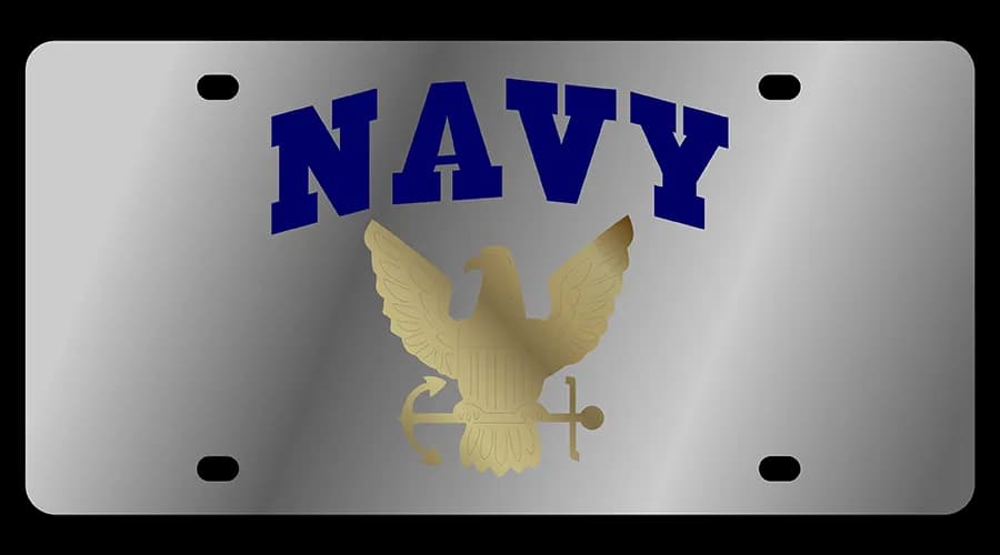 Gold Navy Logo With Blue Letters Navy Arched on a Stainless Steel Plate