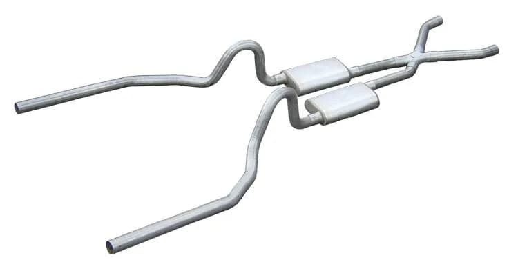 Crossmember Back w/X-Pipe Exhaust System 71-73 Mustang Split Rear Dual Exit 2.5 in Intermediate And Tail Pipe Hardware Incl Muffler And Tip Not Incl Pypes Exhaust
