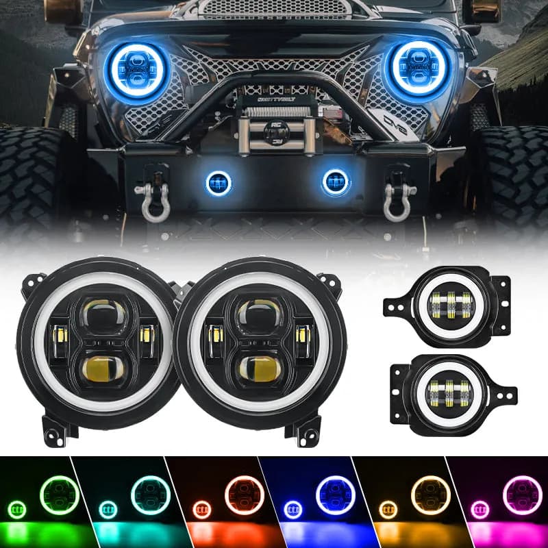 "multi-Function 9"" LED Rgbw Headlights & Rgbw Fog Lights For 2018-2026 Jeep JL And Jt"