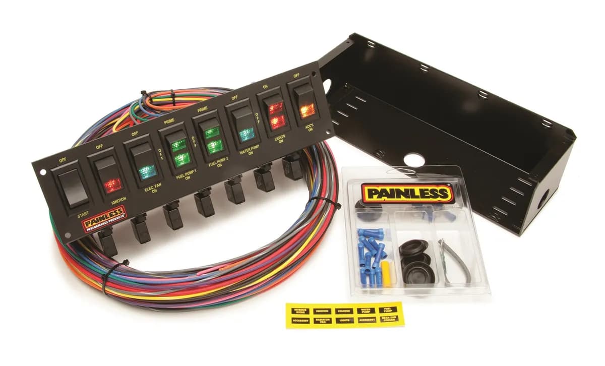 8-Switch Rocker Circuit Breaker Panel; Incl. Color Coded Lighted Rocker Switches/18 ft. Of Colored TXL Wire/Vibration Resistant Terminals; Black Finish;