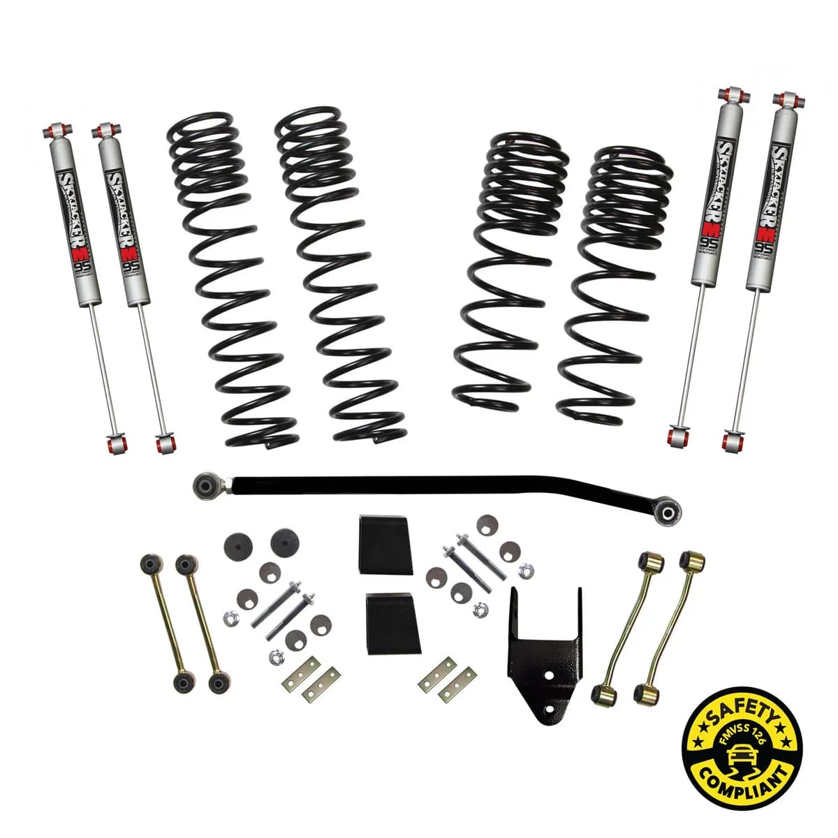Suspension Lift Kit w/Shock 3.5-4 Inch Lift 18-19 Jeep Wrangler W/Ft. And R. Dual Rate/Long Travel Series Coil Springs Extended Sway Bar End Links Grade 8 Mounting Hdwr M95 Monotube Shocks Skyjacker