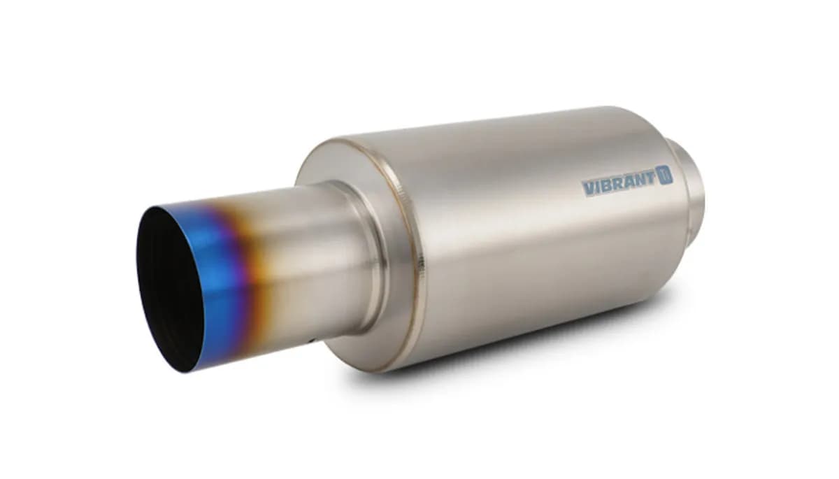 Muffler; 4 in. Inlet ID; 4 in. Tip OD; 6.25 in. Body OD; 17 Overall L; 10 in. Muffler Body L; Blue Titanium Finish; 4.41 LBS Weight; w/Straight Cut;