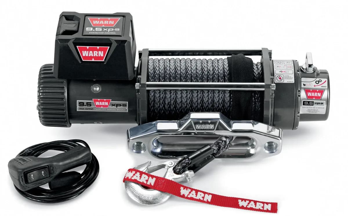 WARN - Vehicle Mounted; Vehicle Recovery Winch; 12 Volt Electric; 9500 Pound Line Pull Capacity; 100 Foot Synthetic Rope; Hawse Fairlead; Wired Remote; Plane