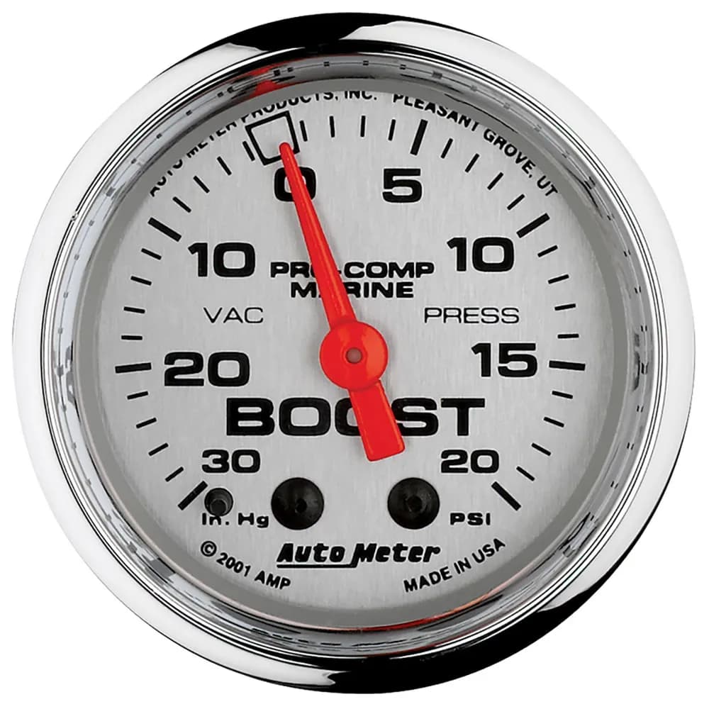 2-1/16 In. Vacuum/Boost, 30 in Hg/20 Psi, Marine Chrome Ultra-Lite