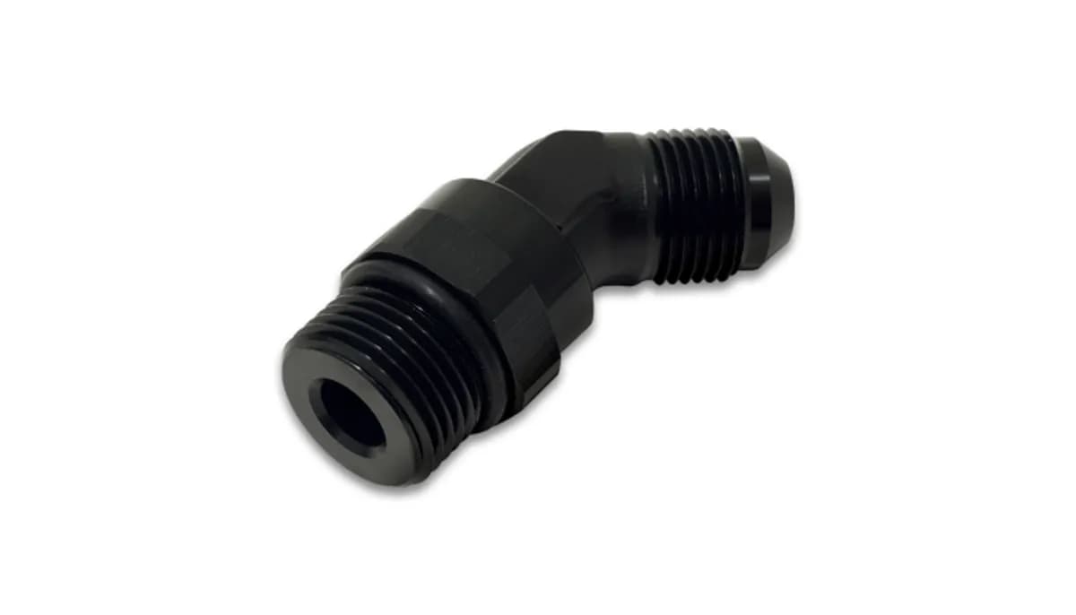 45 Degree Swivel Adapter Fitting; -8AN To -8AN ORB Size; 6061 Aluminum; Black Anodized;
