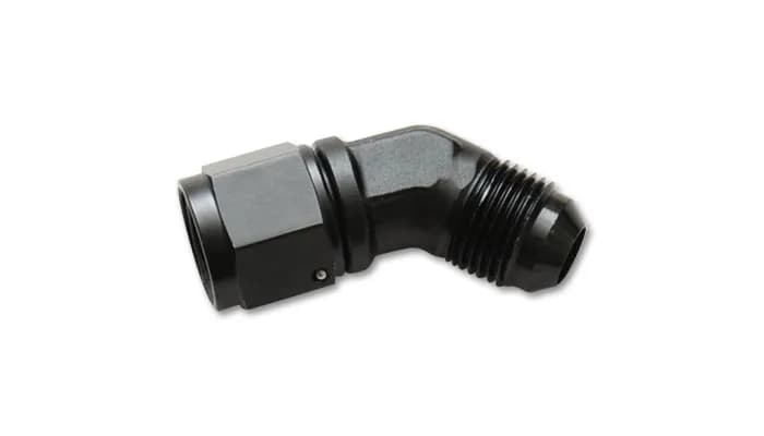 45 Degree Swivel Adapter Fitting; -10AN Female x -10AN Male; 6061 Aluminum; Black Anodized;