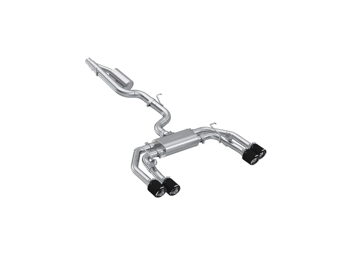 Armor Pro Cat Back Exhaust System; 3 in.; Quad Split Rear Exit; 4.5 in. Carbon Fiber Tips; w/Active Exhaust; T304 Stainless Steel;