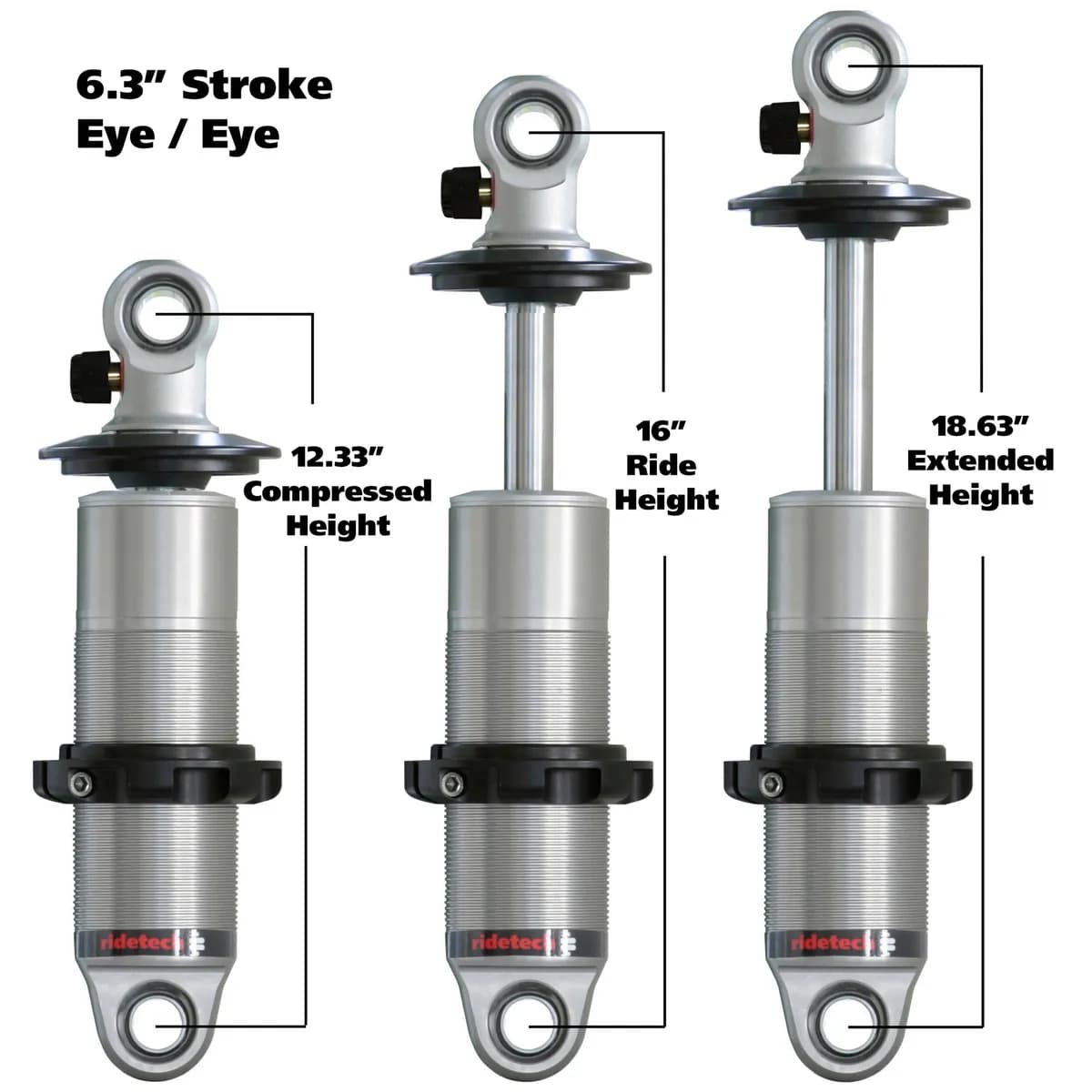 HQ Coil-Over Shock W/ 6.3 Inch Stroke And 1.7 Inch Eye Mount Universal 1 Rebound Adjustable Shockspring Mounts Delrin Spring Washers And Bearing Spacers 1/2 Inch And 5/8 Inch 12.3 Inch X 18.6 Inch W/ A 15.25 -16 Inch Ride Height Ridetech
