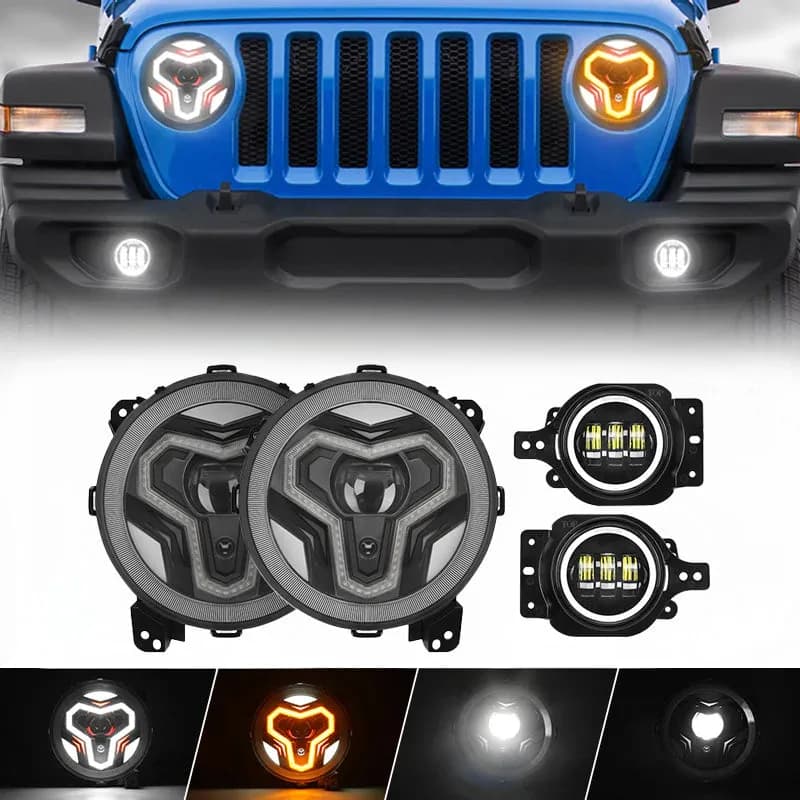 "Warrior Style 9"" LED Halo Headlights & Halo Fog Lights For 2018-Later Jeep Wrangler JL & Gladiator JT Combos"