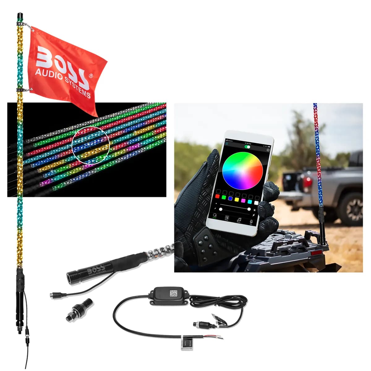24in Long Changing RGB LED Wrapped Whip 360deg of Color Equals More Leds Lig