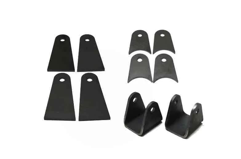 Steinjäger Tabs and Clevises, Weld On 4 Link Tab and Clevis Kits 0.500 Bore 4.00 Axle Diameter 4 Axle Tabs 4.00 Inches Long 4 Flat Tabs 4.00 Inches Long 2 Clevises with 2.50 Inch Jaw