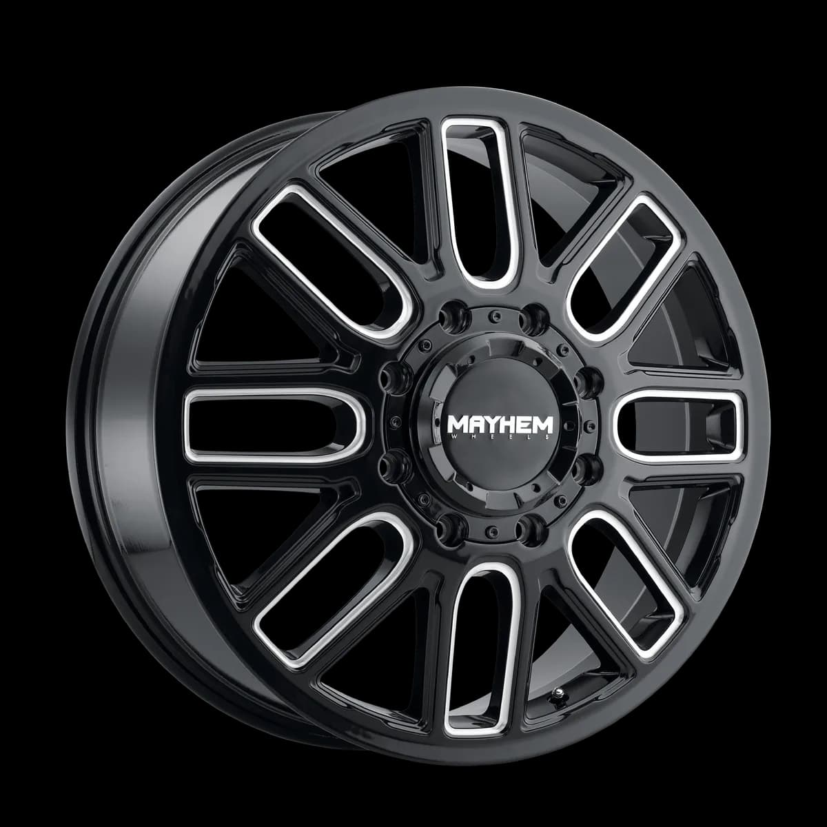 Mayhem Dually Wheels Cogent Dually 8107D 22x8.25 Front Dually Milled Spokes Gloss Black 115 Off Set 8 Lug 9.15 BSM 142 Bore Cast Aluminum