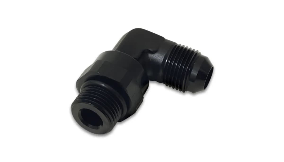 90 Degree Swivel Adapter Fitting; -6AN To -8AN ORB; 6061 Aluminum; Black Anodized;
