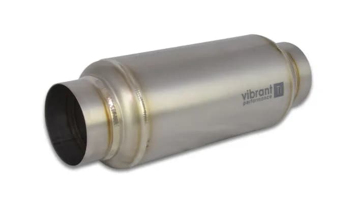 Exhaust Resonator; 2.5 in. Inlet/Outlet ID; 4.25 in. Muffler Body OD; 12 in. Overall Length; 1.92 LBS Weight; CP1 Titanium;