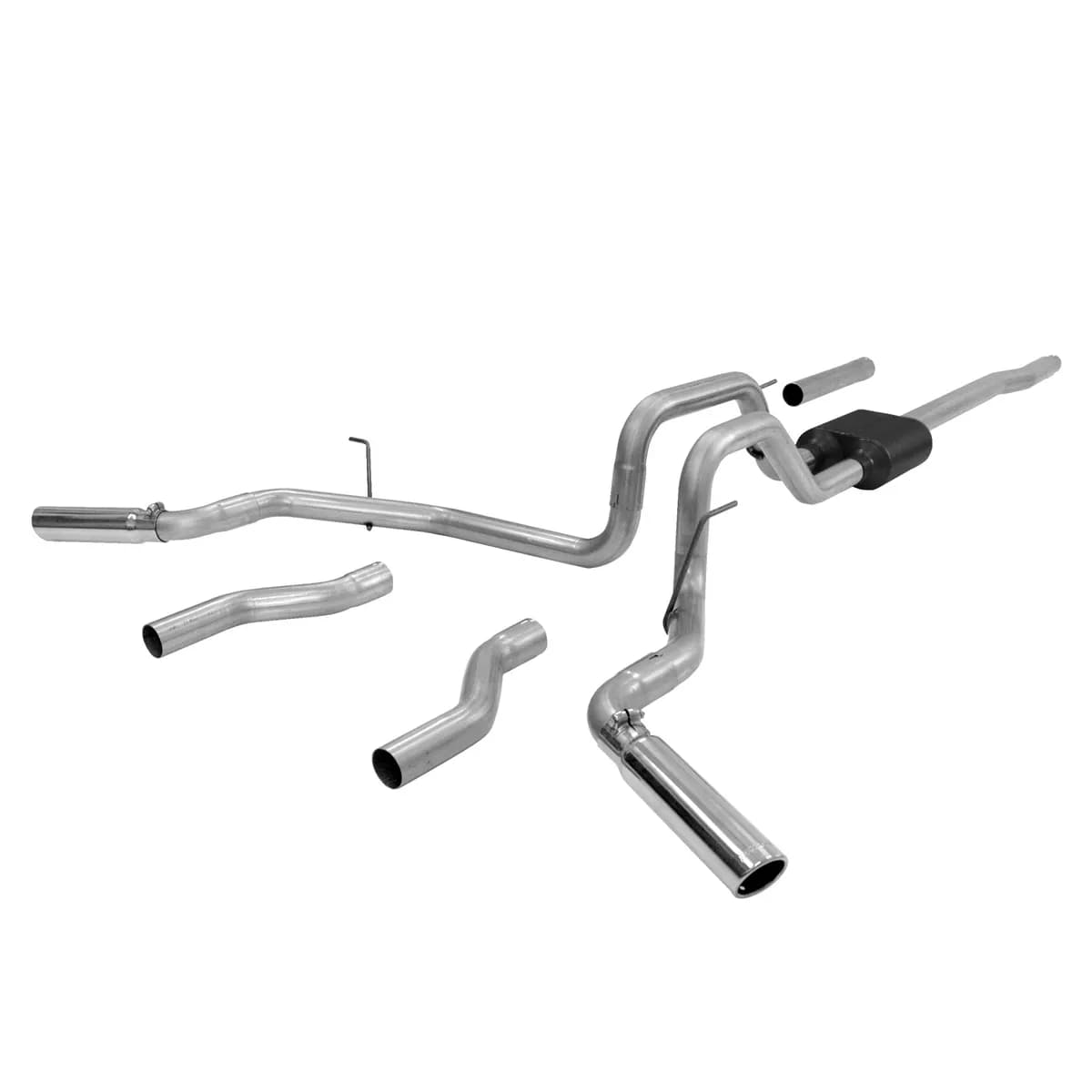 04-08 Ford F-150/Lincoln Mark LT 4.6L/5.4L All WB 2/4 Wheel Drive 2.50in Outlets Super 40 Series Muffler 3.00in Logo Embossed Stainless Tips American Thunder Incl. Tube Extensions For DOR And DOS In Kit Mandrel Bent Tubing 16 Gauge 409S Stainless