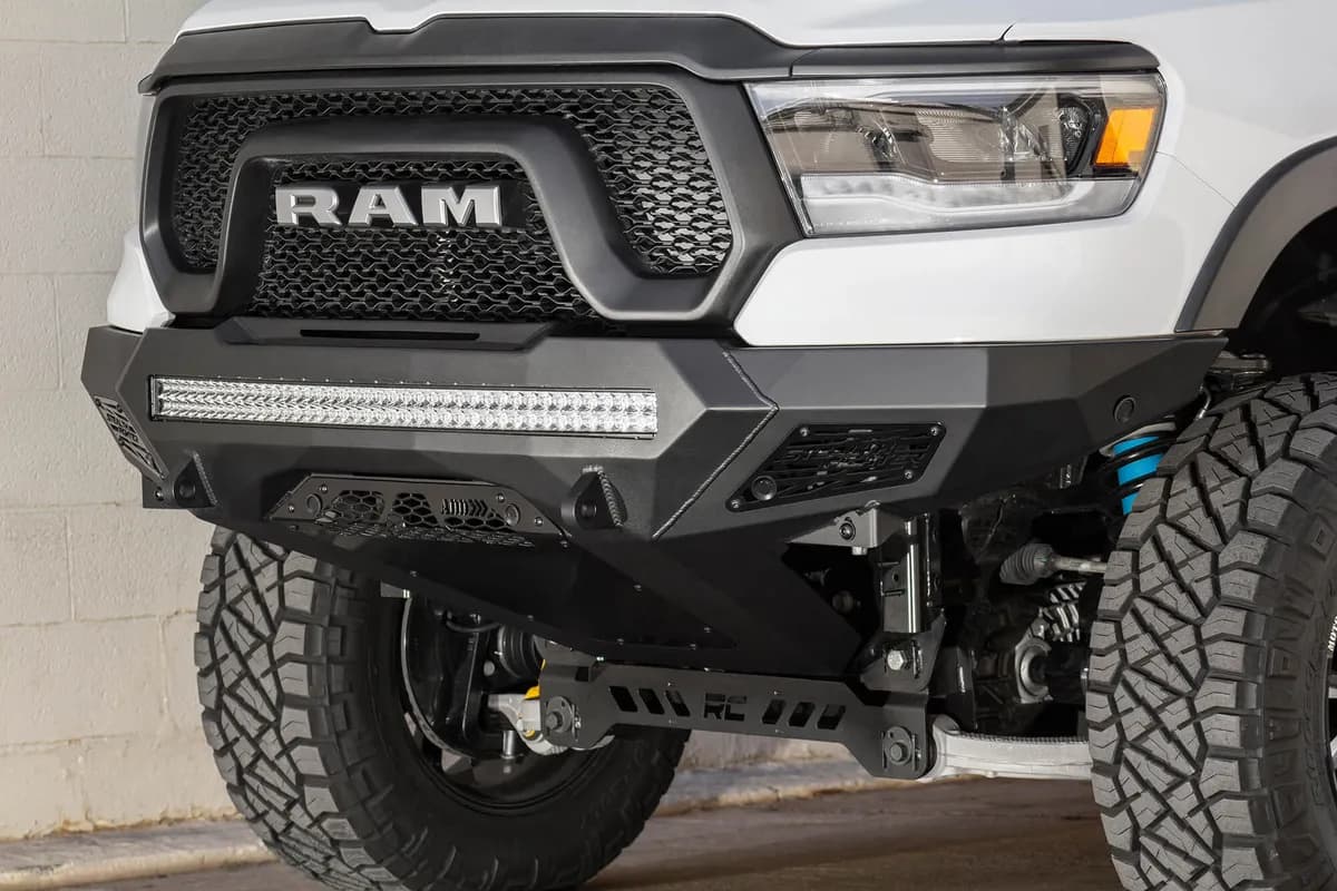 The RAM Rebel Has Never Looked Better With The Stealth Fighter Front Bumper. a Radius Steel Plate Design Gives Your RAM Truck Added Front End Protection Without All The Extra Bulk. Matching The RAM Rebel Factory Body Lines The Stealth Fighter Front Bumper