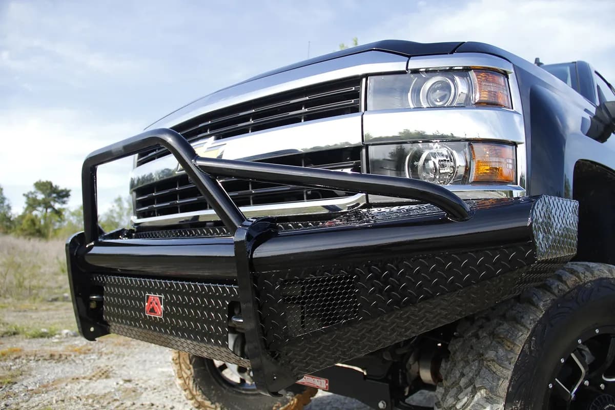 Black Steel Front Ranch Bumper; 2 Stage Black Powder Coated; w/Pre-Runner Grill Guard; Incl. Light Cut-Outs;