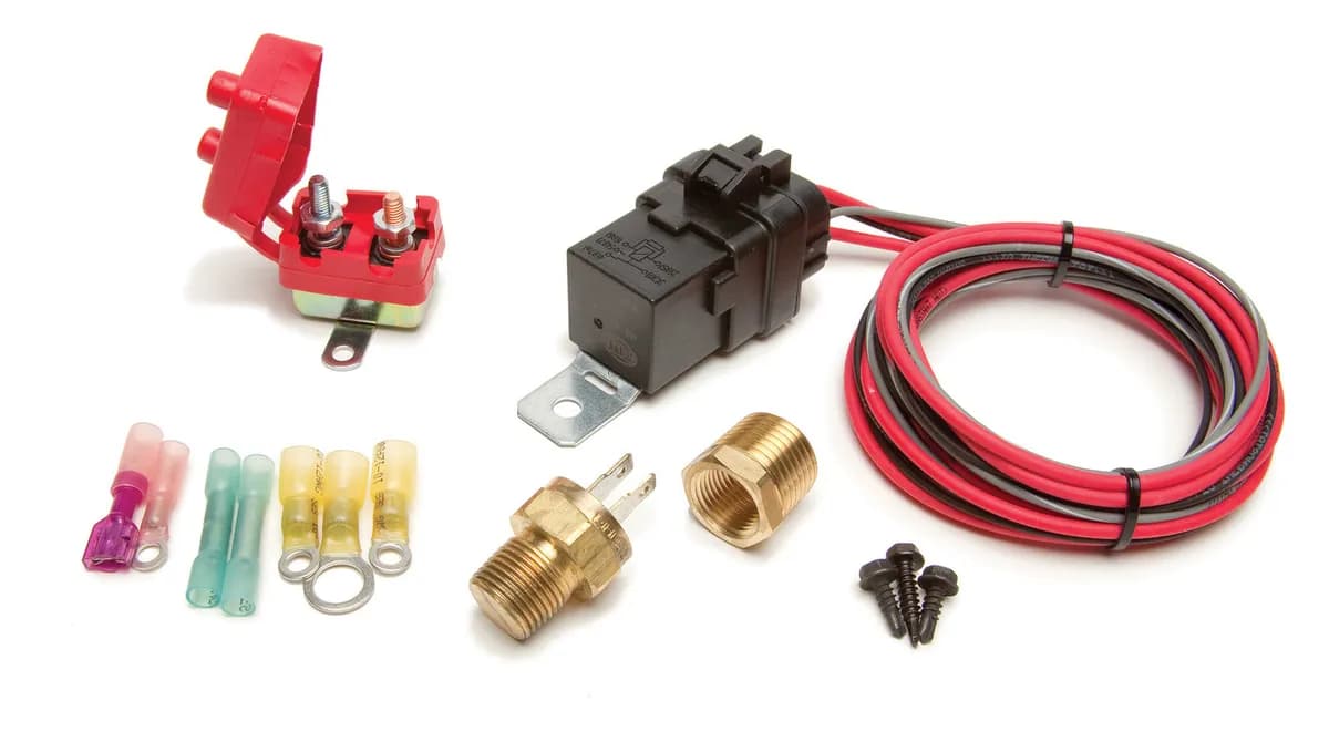 Weatherproof Fan Relay Kit; Thermostatic Switch 185 deg. On/175 deg. Off; Incl. Relay/Circuit Breaker/Adapter/Relay Base w/Harness/Heat-Shrinkable Crimp-On Terminals/Mntg. Hrdw;