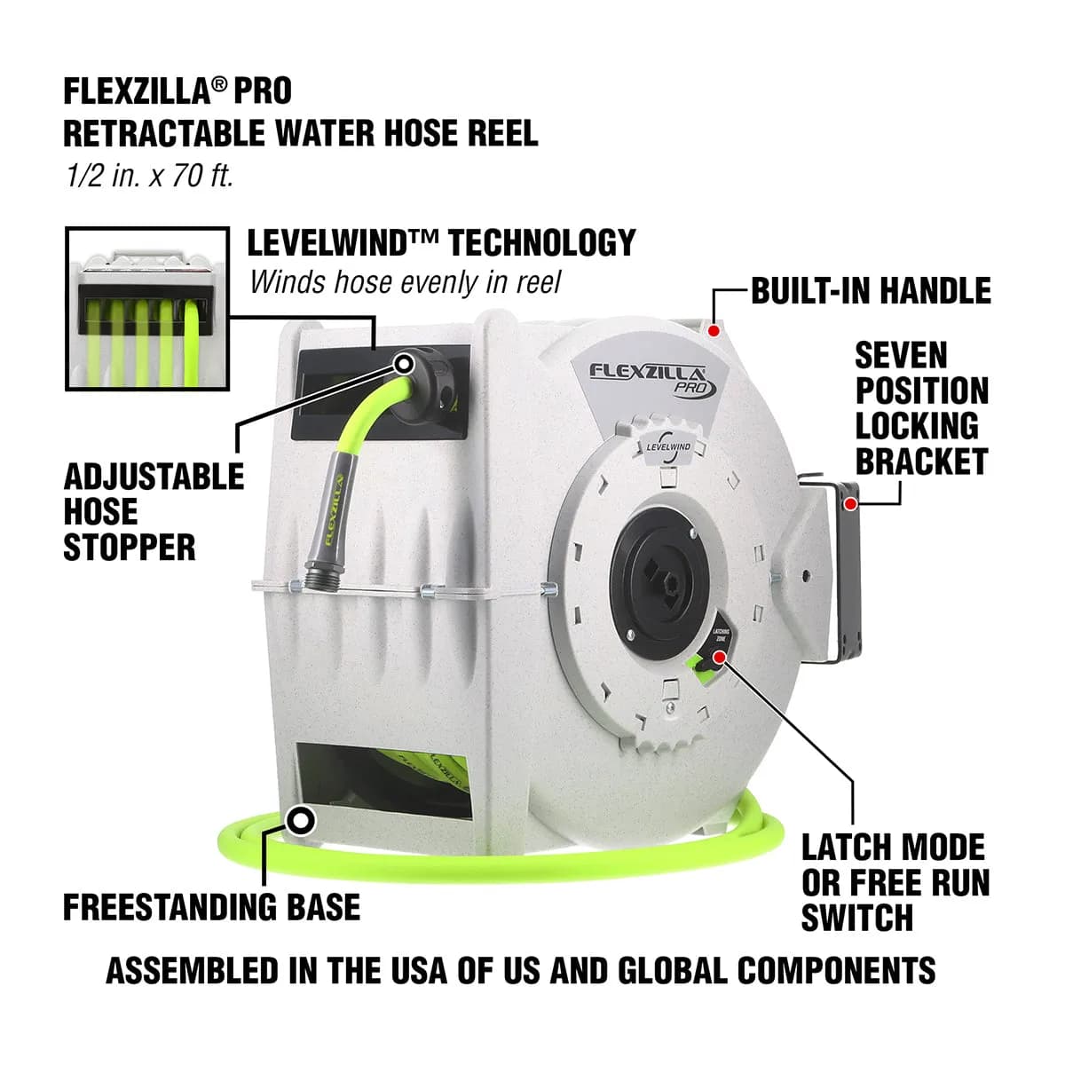 Fzp Pro Retractable Water Hose Reel w/ lw 1/2in x 70ft