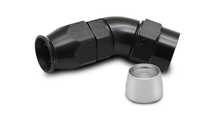 45 Degree High Flow Hose End Fitting; -8AN; 6061 Aluminum; Black Anodized; For PTFE Lined Hose;
