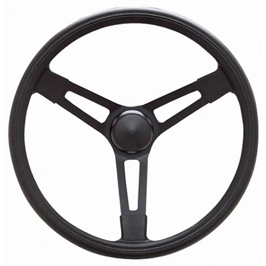 Performance Series Steel Steering Wheel; 16 in. Diameter; 3 1/8 in. Dish; Black Foam Grip; Black Steel 3-Spoke Unidirectional Design;