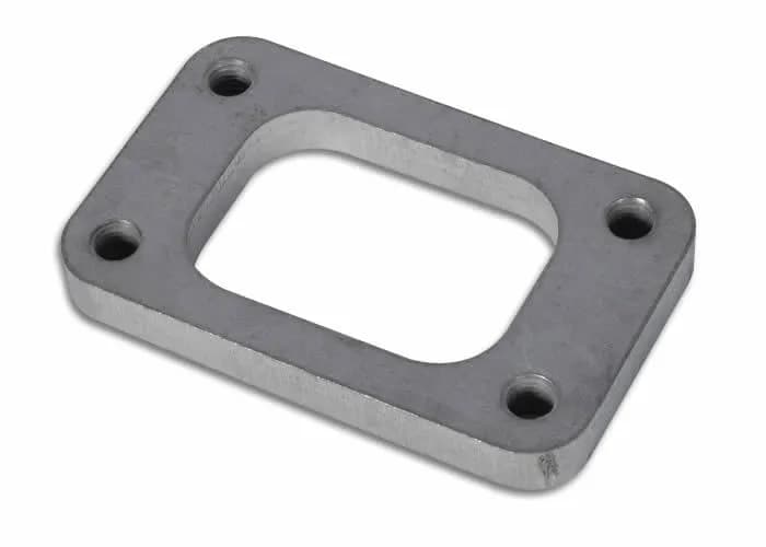 Turbo Inlet Flange; 44.5mm Bhcch; 85.73mm Bhccw; M10x1.5 Bhts; 66.8mm Overall h; 108mm Overall w; 0.5 In. Thickness; 46.5mm Port h; For T3; Mild Steel; W/Tapped Holes;