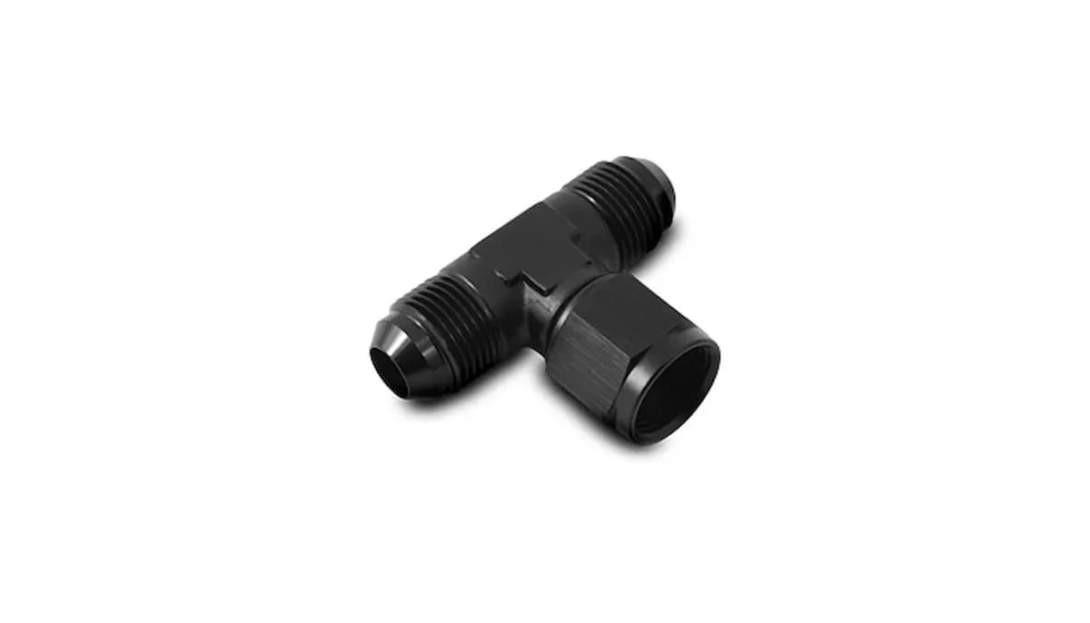 Tee Adapter Fitting; -12AN; 6061 Aluminum; Black Anodized; w/Female -12AN Swivel On Side;