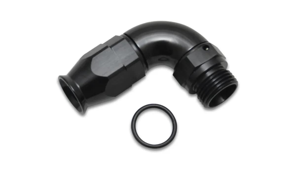 90 Degree Swivel Hose End Fitting; -6AN Hose To 8AN Male ORB; 6061 Aluminum; Black Anodized; High Flow;