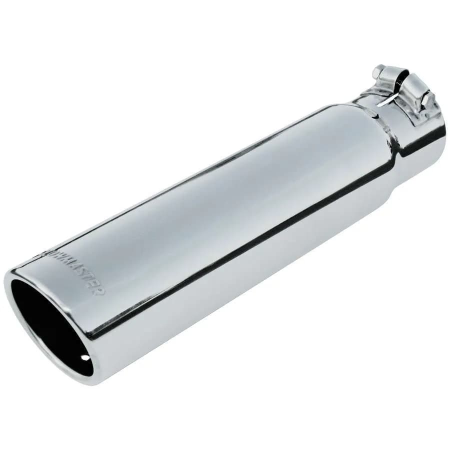 Exhaust Tip, Logo Embossed Polished Stainless, Rolled Edge Angle Cut, 3.00" Tip dia. x 2.50" Pipe dia. x 12.00" Length, Clamp On: ea