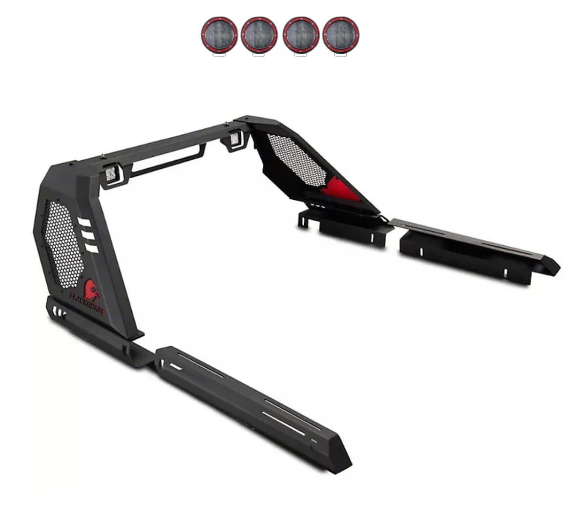 Black Horse Vigor Roll Bar Kit w/ LED Cube Light & w/ set of 5.3" Red Round Flood LED Lights 20-23 JT