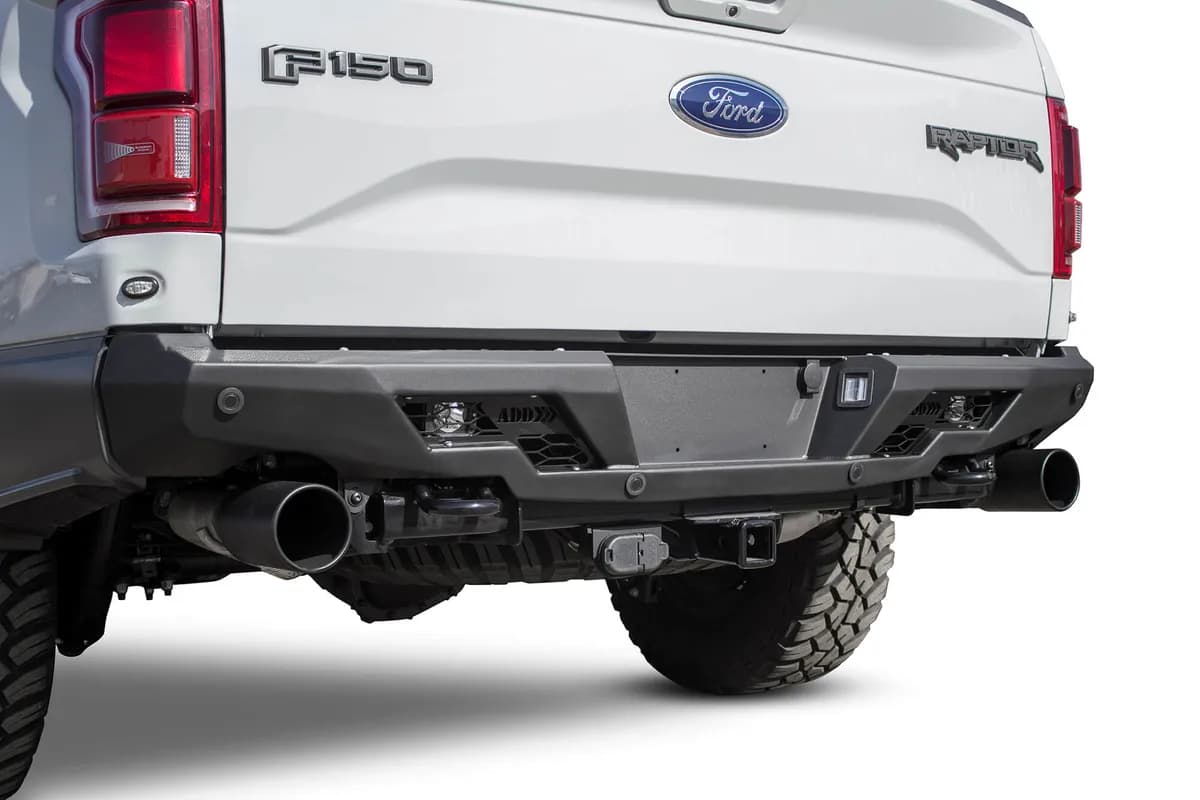Ford Raptor 2017 - up Stealth Fighter Rear Bumper set up for duallys with back up sensor holes cut in panels in Hammer Black with Satin Black panels