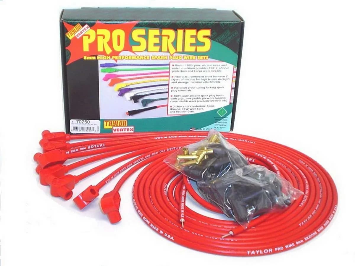 Taylor Cable Universal 8mm Tinned Copper Wire Pro Spark Plug Wire Set - 8 Cylinders - 90° Spark Plug Boot Angle - Red - 70250
