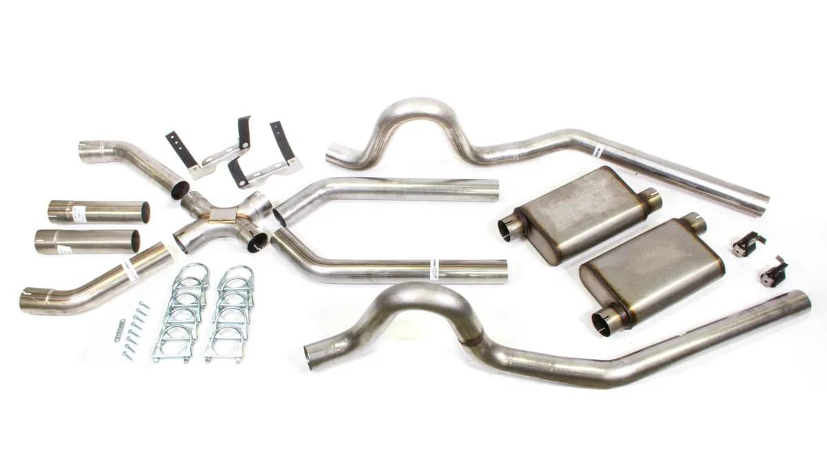 Crossmember Back w/X-Pipe Exhaust System 64-74 GM A Body Split Rear Dual Exit 3 in Intermediate And Tail Pipe Race Pro Mufflers/Hardware Incl Tip Not Incl Pypes Exhaust