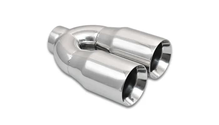 Exhaust Tip; Round Beveled; 3.5 in. Outlet O.D.; 2.5 in. Inlet ID; 10 in. L; 304 Stainless Steel; Double Wall Straight Cut; Dual; Polished;