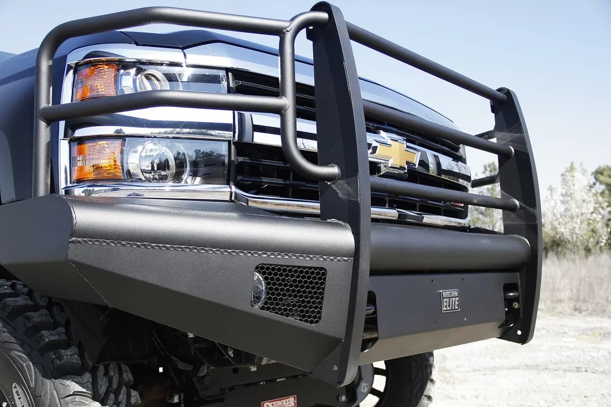 Elite Front Ranch Bumper; 2 Stage Black Powder Coated; w/Full Grill Guard And Tow Hooks;