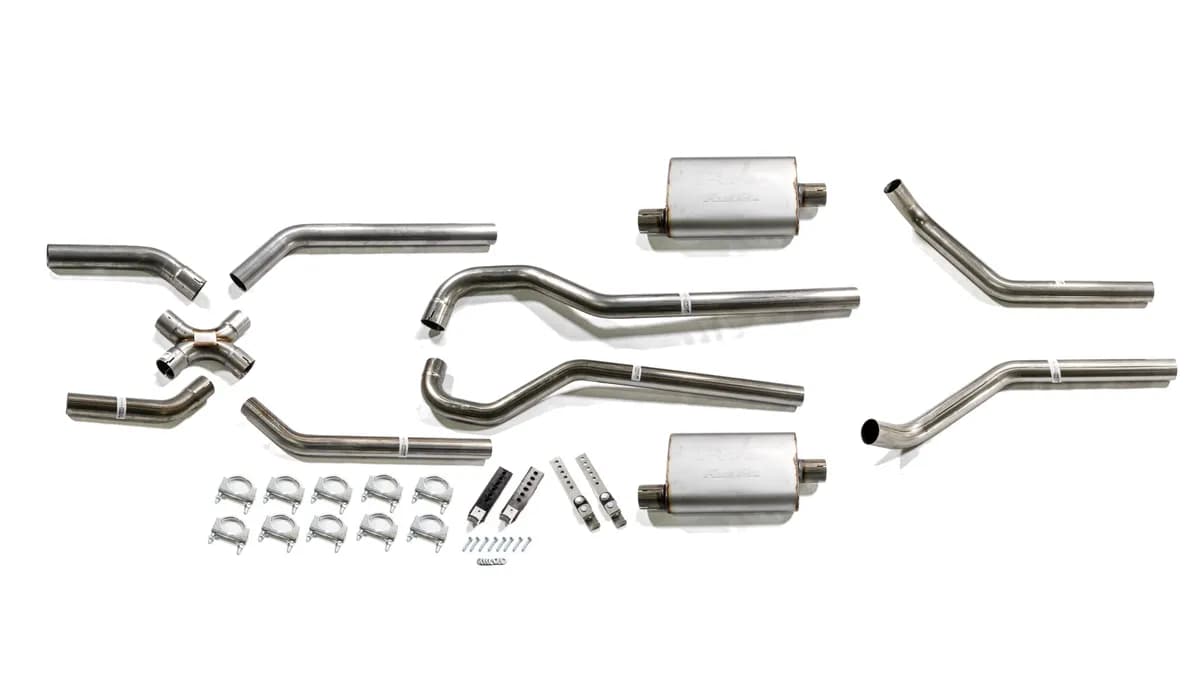 Crossmember Back w/X-Pipe Exhaust System 67-74 GM Split Rear Dual Exit 2.5 in Intermediate And Tail Pipe Street Pro Muffler/Hdw Incl Tip Not Incl Natural Finish 409 Stainless Steel Pypes Exhaust