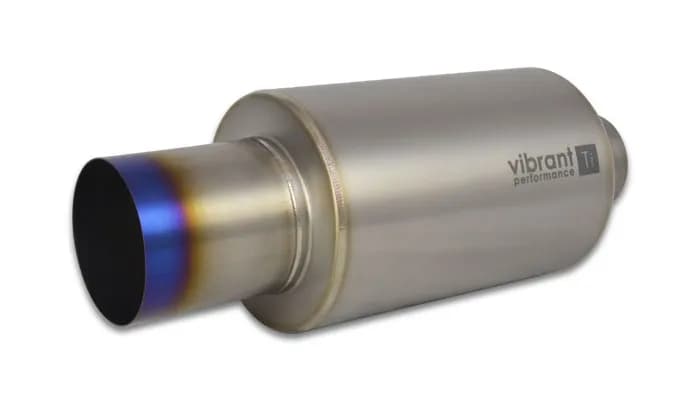 Muffler; 2.5 in. Inlet ID; 4 in. Tip OD; 6.25 in. Body OD; 17 Overall L; 10 in. Muffler Body L; Blue Titanium Finish; 4.1 LBS Weight; w/Straight Cut;