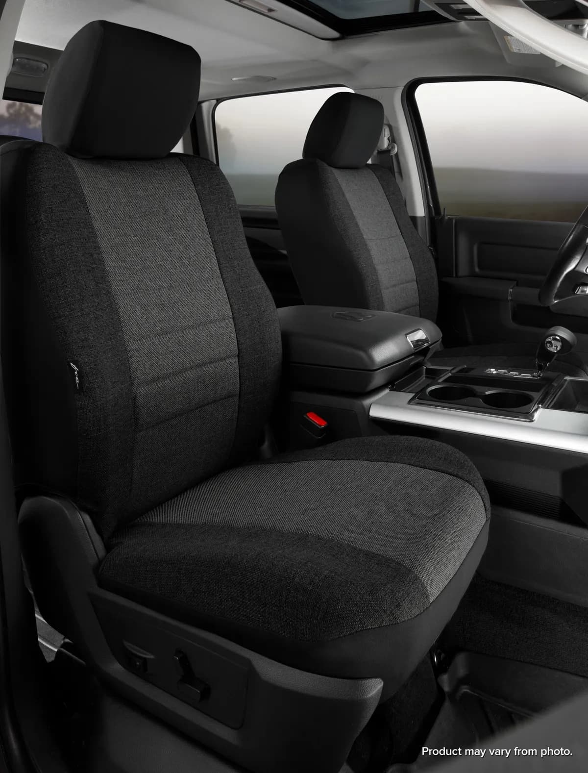 OE™ Custom Seat Cover; Tweed; Charcoal; Bucket Seats; Adjustable Headrests; Side Airbags; Armrest;