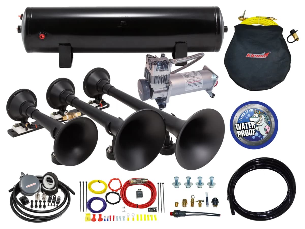 Pro Blaster™ Triple Horn Kit; Black; Includes Horns PN[730]/ 150/200 PSI Waterproof 100% Duty Cycle Air Compressor PN[6450RC]/ 3.0 Gallon Air Tank PN[6351RT];