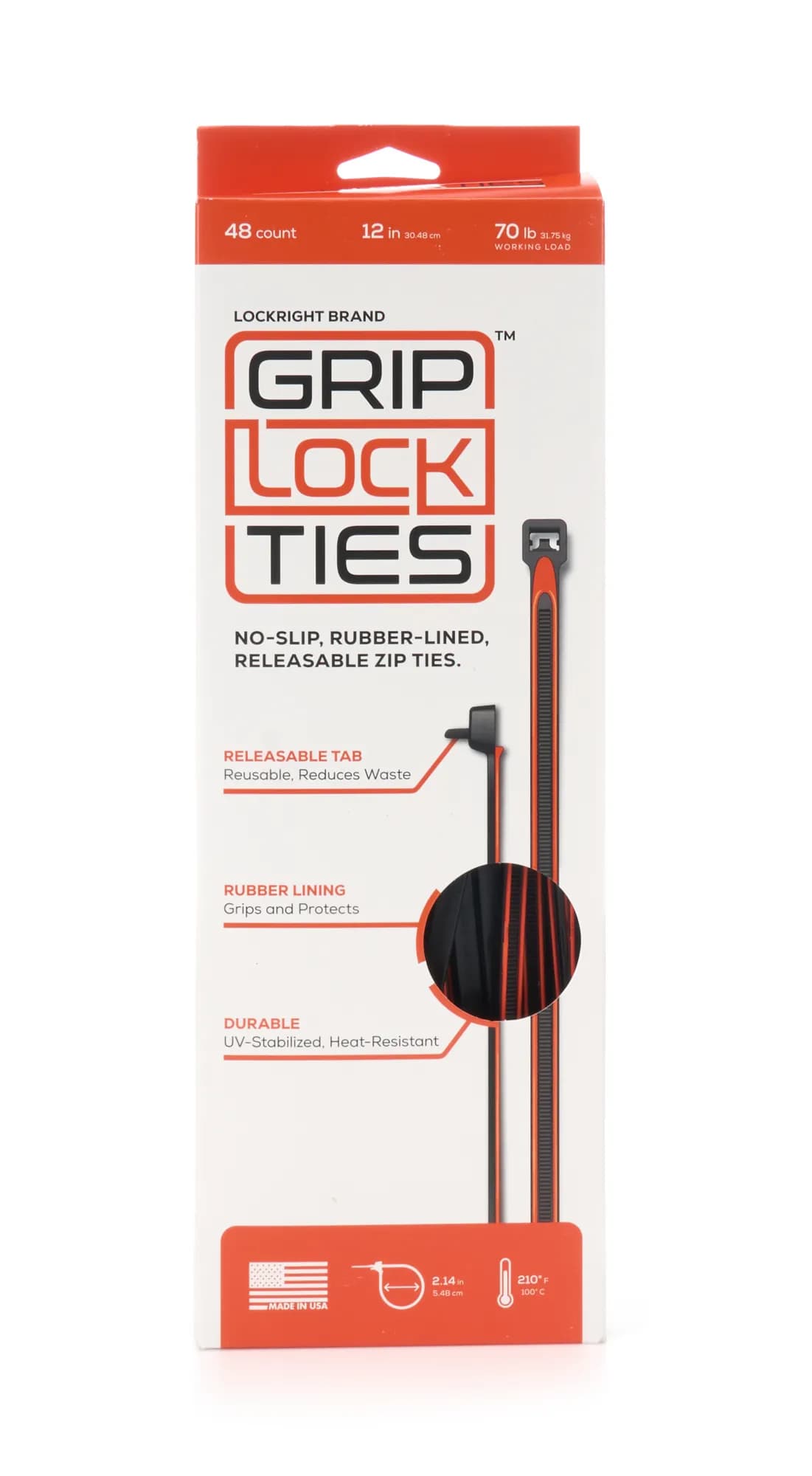 GripLockTies® 12" Rubber-Lined, Reusable Cable Ties - 48 Count