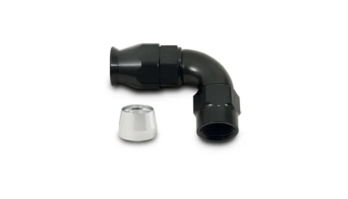 90 Degree High Flow Hose End Fitting; -8AN; 6061 Aluminum; Black Anodized; For PTFE Lined Hose;