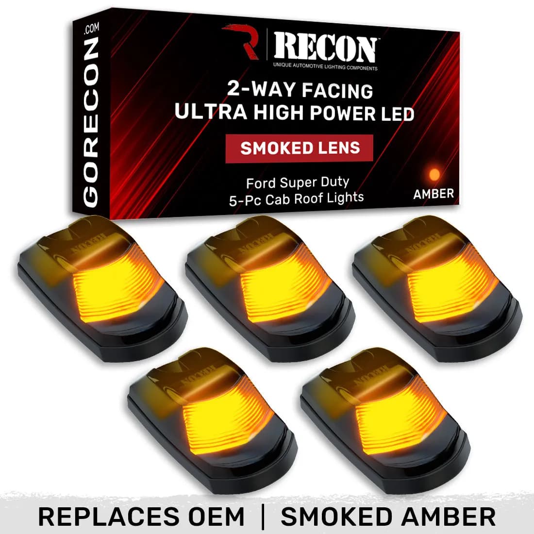 Ford 17-22 Superduty 5-Piece Set Smoked Cab Roof Light Lens With 2-Way Forward Rear Facing Amber Ultra High-Power Leds - Attn Plug-N-Play Replacement For OEM Factory Installed Cab Roof Lights