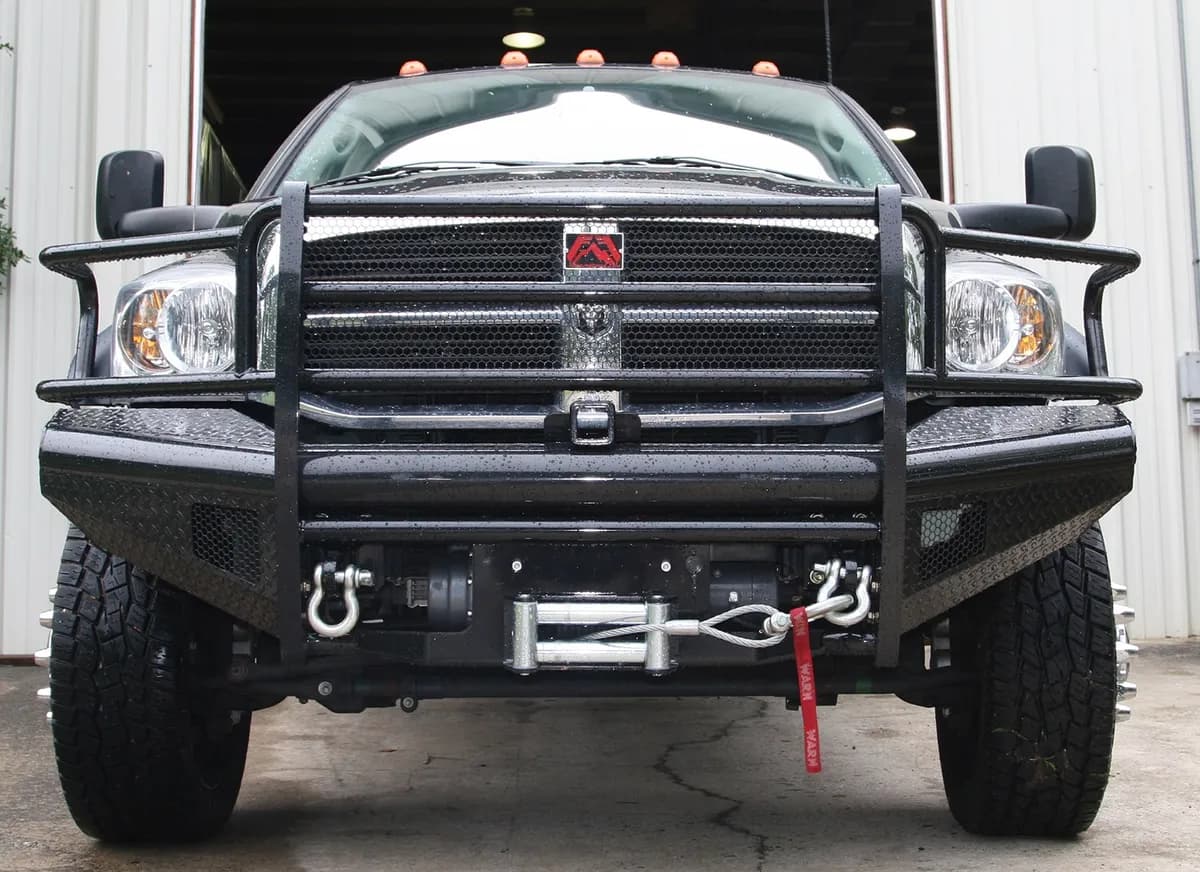 Black Steel Front Ranch Bumper; 2 Stage Black Powder Coated; w/Full Grill Guard; Incl. Light Cut-Outs;