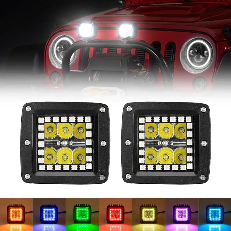"3"" 18W Square LED Pods Work Light Bars with RGB Halo for Off-road Truck"