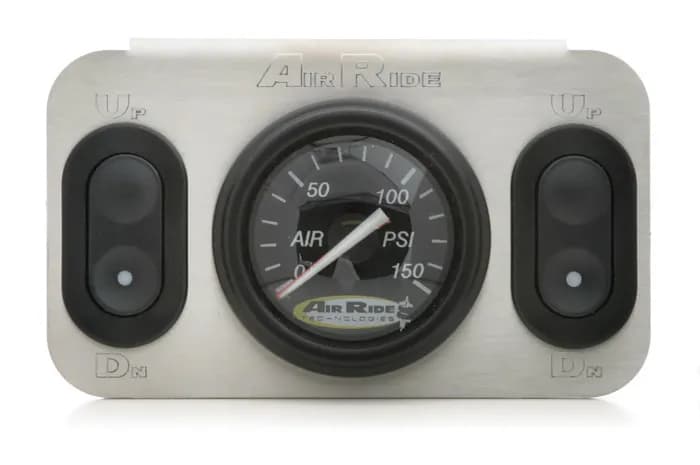 2-Way 12 Volt Analog Control Panel For Air Suspension For Use W/ Electric Valves 1 Dual Needle Black Face Gauge 2 Electric Rocker Switches And A Stainless Steel Panel Ridetech