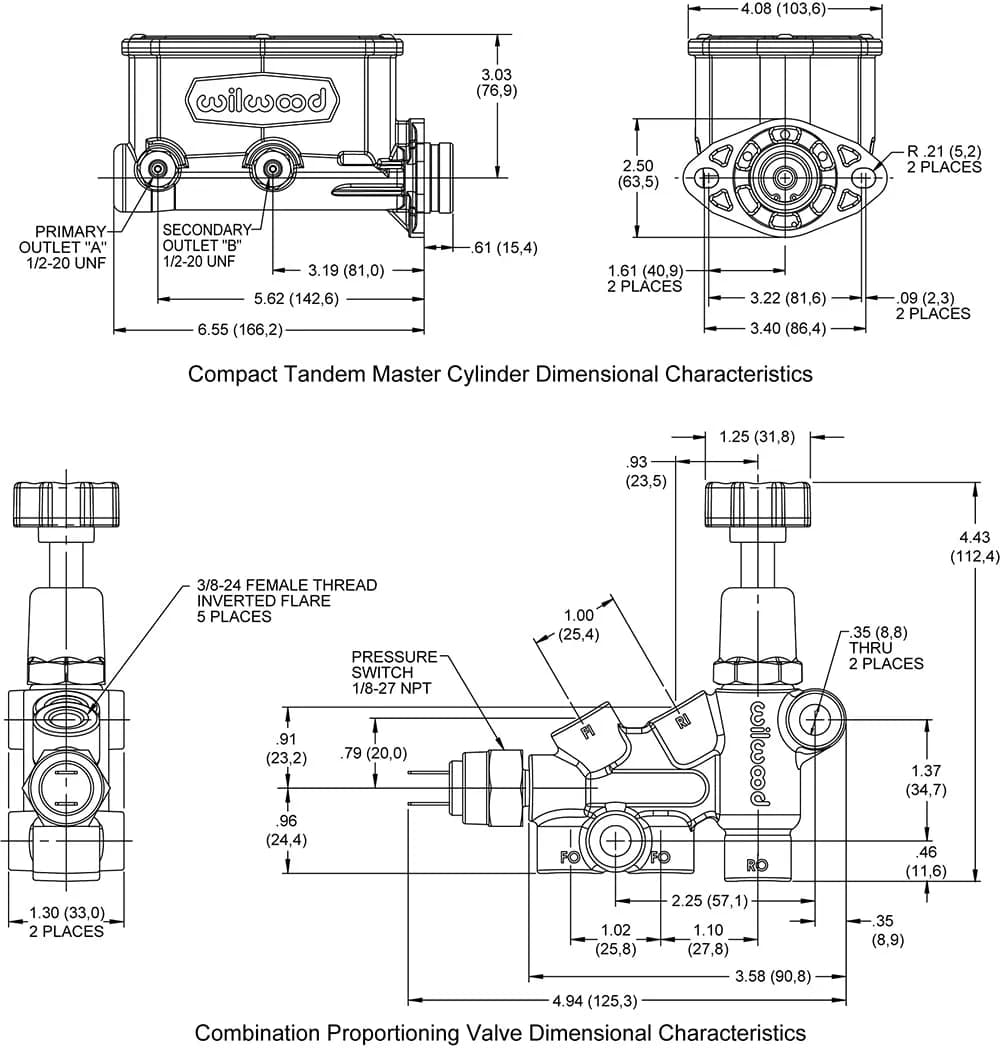 Compact Tandem Master Cylinder Kit W/ Bracket & Valve Aluminum Media Burnished