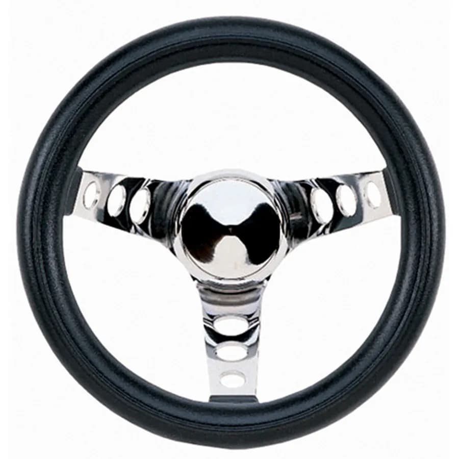 Classic Series Steering Wheel; 10 in. Diameter; 5 1/2 in. Dish; Black Foam Cushion Grip; Chrome 3-Spoke Design;